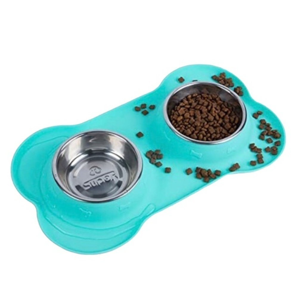 Stainless Steel Double Bowl Pet Feeder No Spill Silicone Mat Food & Wate…